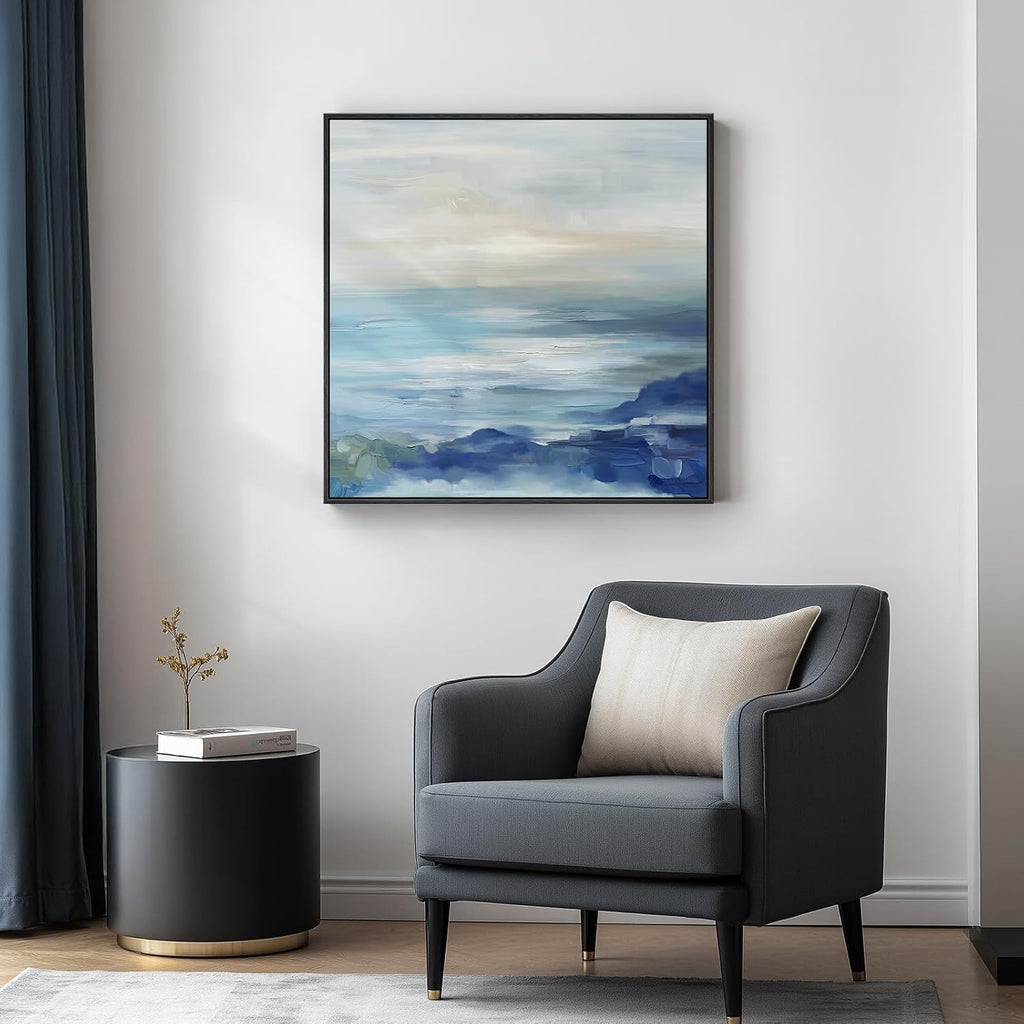Framed Blue Abstract Wall Art , Large Coastal Canvas Artwork for Walls Decor, Seascape Square Beach Ocean Minimalist