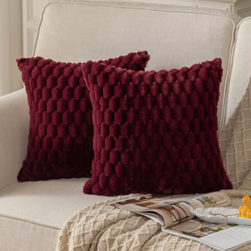 Pack of 2 Burgundy Super Soft Plush Fluffy Decorative Throw Pillow Covers 18x18 inch Faux Fur Wool Velvet Cushion