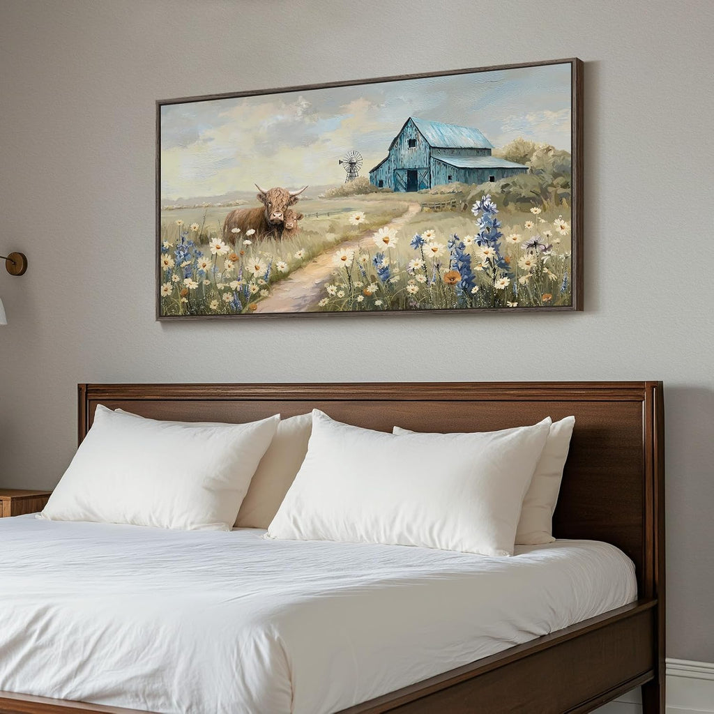 Framed Large Barn Farmhouse Canvas Wall Art , Highland Cow Windmill Wildflower Pictures Wall Art Decor Vintage