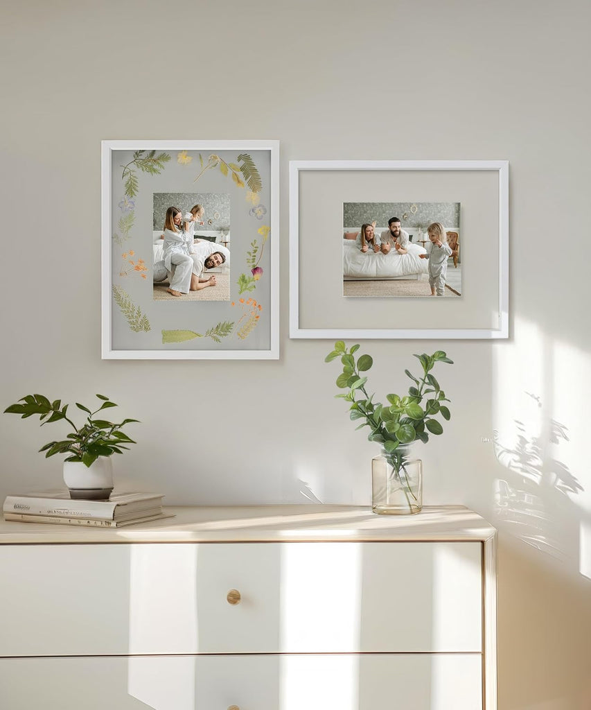 Floating 11x14 Picture Frame White Double Glass Frame Set of 2 | Tempered Double Glass, Wall Display, Pressed Flower