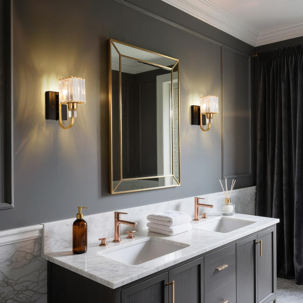 Modern Crystal Wall Sconce with Plug，Black Gold Wall Mounted Light Fixture, Plug-in Vanity Light with On/Off Switch