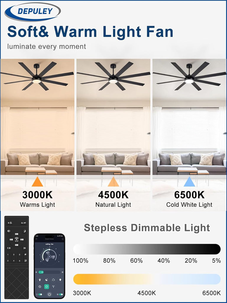 72" Ceiling Fans with Lights: Black Indoor/Outdoor Ceiling Fan for Patios Living Room - 8 Blades Dimmable Large