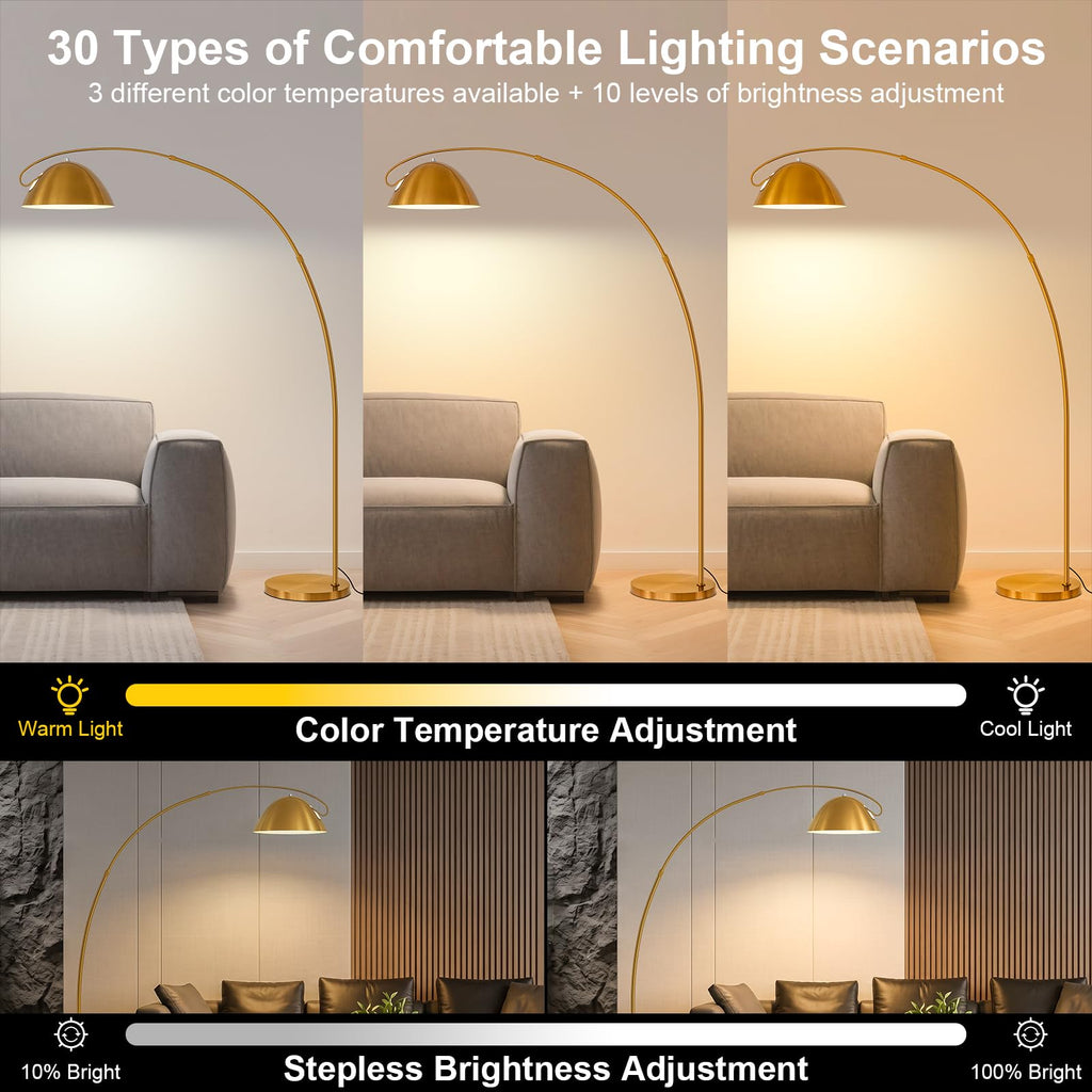 Gold Brass Large Arc Floor lamp with 20W Remote Control Bulb