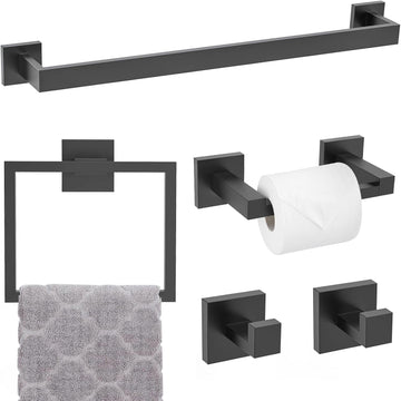 Matte Black Towel Bar Set 5-Piece Bathroom Hardware Accessories Set,23.6 Inch Modern Towel Holder Set SUS304