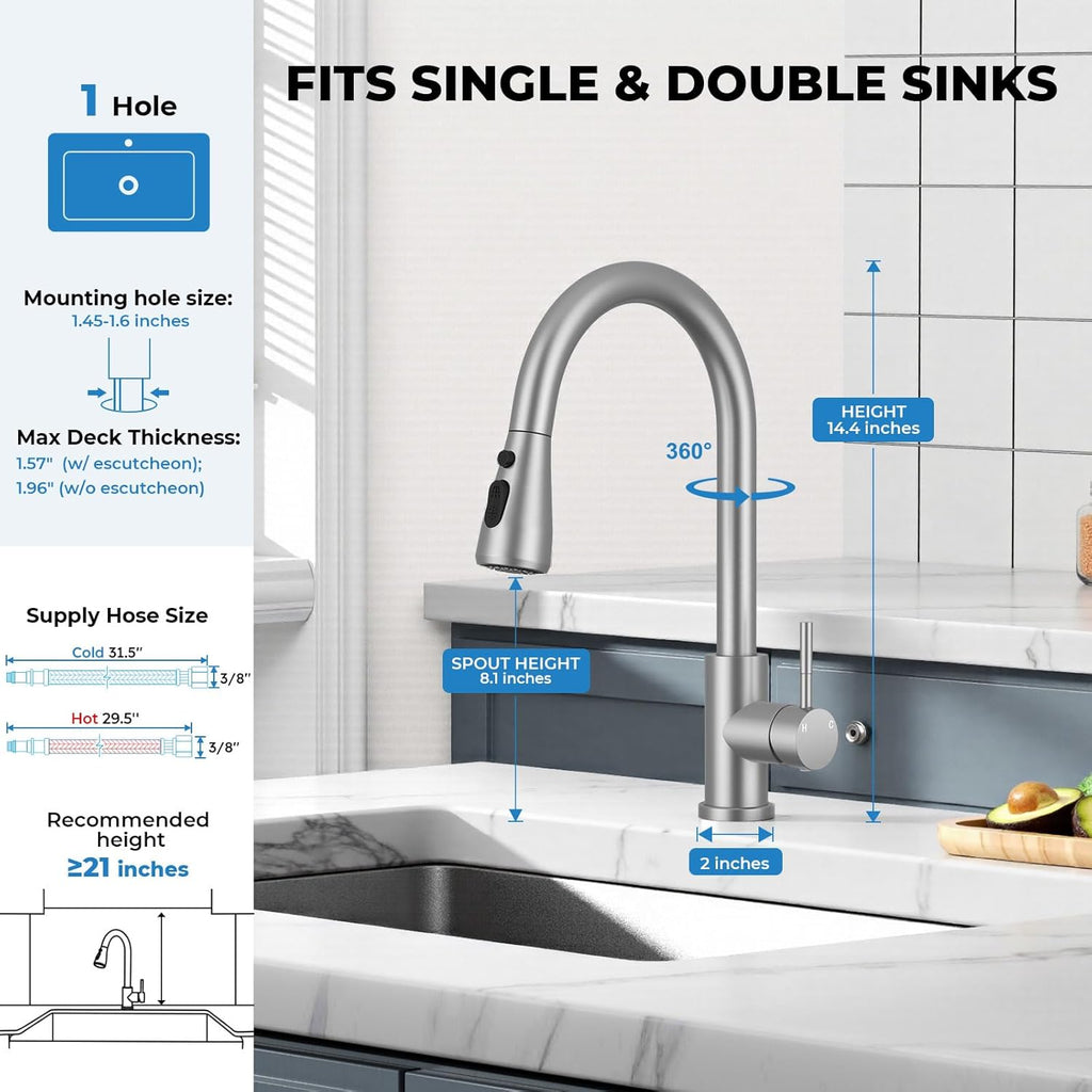 Kitchen Faucet with Pull Down Sprayer, VFAUOSIT Lead-Free Kitchen Sink Faucet Brushed Nickel Stainless Steel High Arc