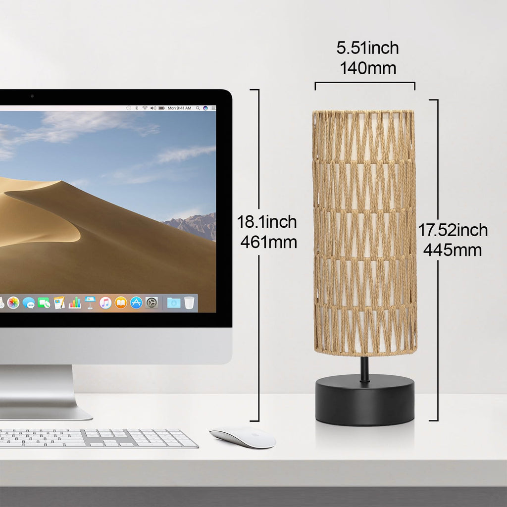 Rattan Table Lamp, Touch Control Bedside Table Lamp with Black Base, 3 Way Dimmable Nightstand Lamp with Dual-layer