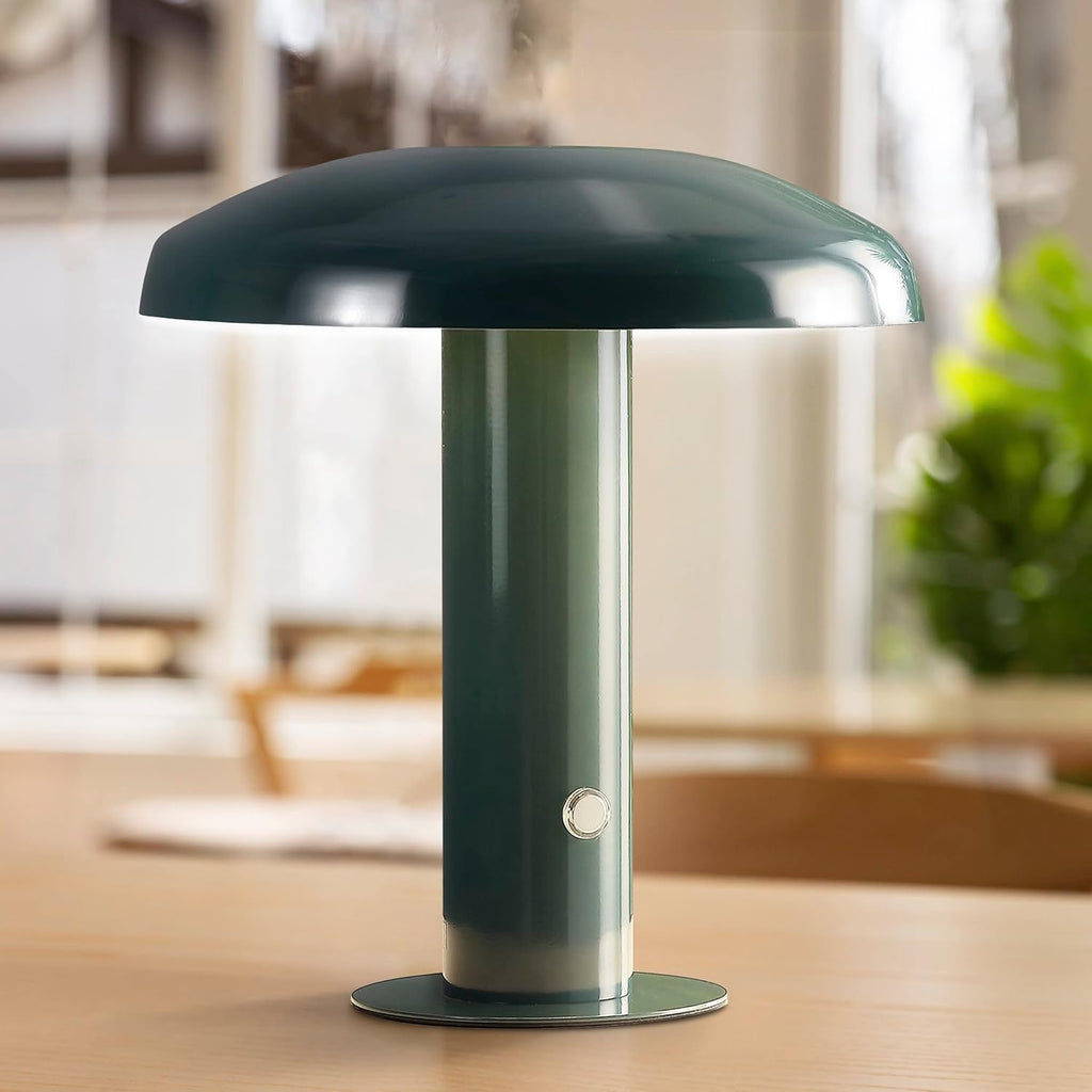 11" Forest Green Rechargeable LED Mushroom Table Lamp, Cordless Portable Dimmable Mid-Century Modern Accent Lamp