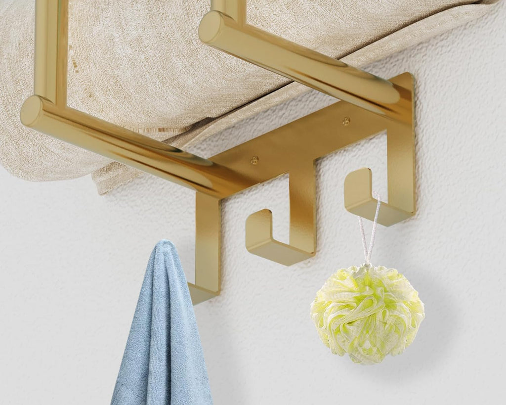 Gold Towel Rack with Shelf, Bath Towel Storage | Stainless Steel 3 Hooks Towel Racks for Small Bathroom Wall Mounted