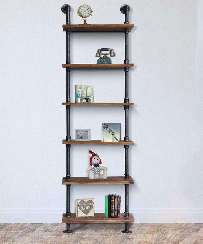 Industrial Pipe Shelves Rustic Modern 24"W Wood Ladder Bookcase with Metal Frame, Pipe Wall Shelf, Wood Storage, Home