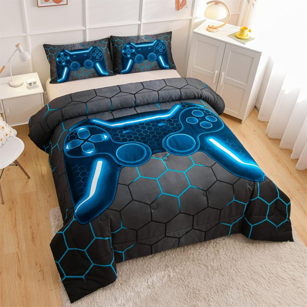 Game Console Comforter Set for Boys Girls Kids 3D Gaming Geometric Lightweight Microfiber Bedding Sets (blue, Queen)