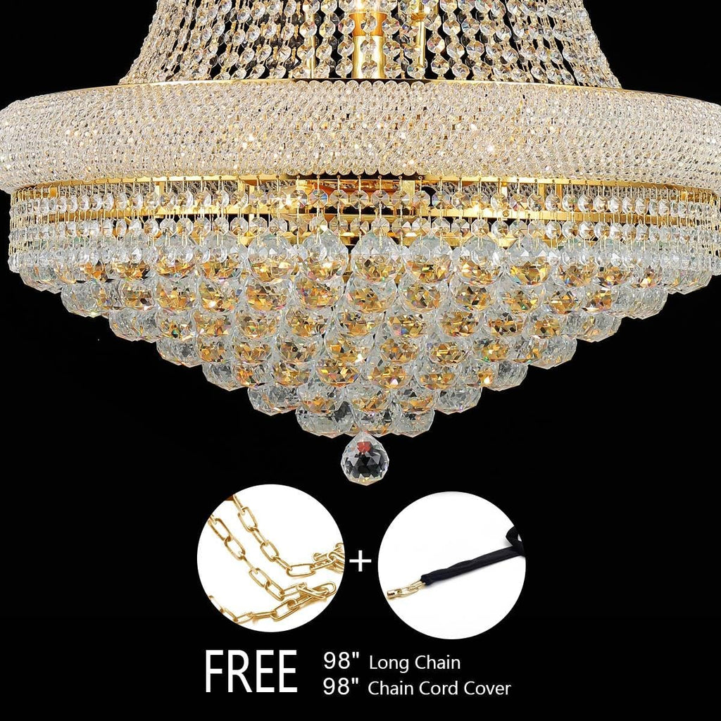 18-Lights 3 Layers Large Golden Classic Empire Style K9 Crystal Ball Chandelier Decorative Light Fixture for High Ceiling Living Room Foyer Stair Entryway (D27.6 * H59 inches)