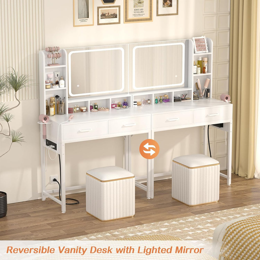 Small Vanity Desk, Vanity Desk with Mirror and Lights, Makeup Vanity Desks with Power Strip, Vanity Table with