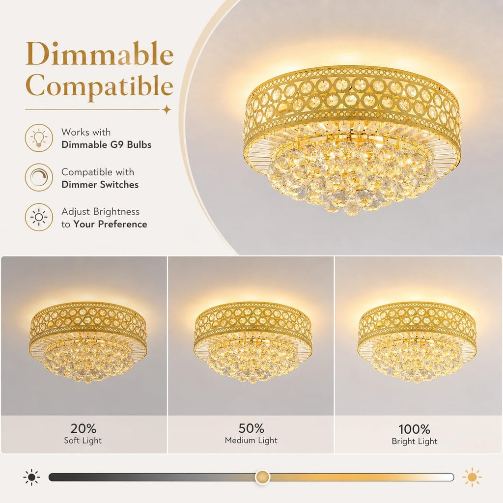 Luxury Crystal Ceiling Light Fixture, 20 inch Flush Mount Chandelier, Modern Round K9 Crystal Ceiling Light for