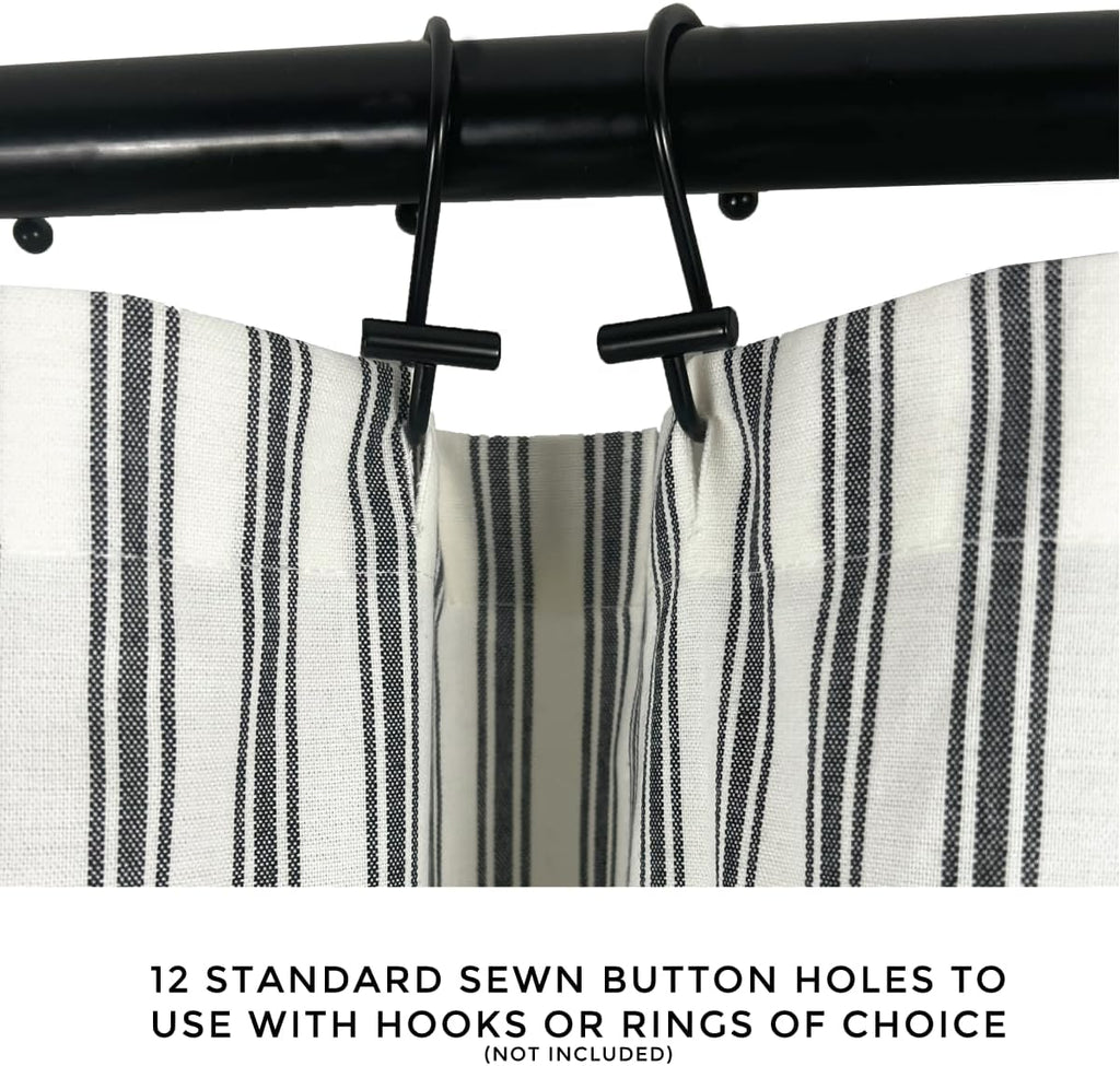 Modern Transitional Stripe Shower Curtain with Tassels - Vertical Off White/Cream with Black Striped Lines, 72" x 72"