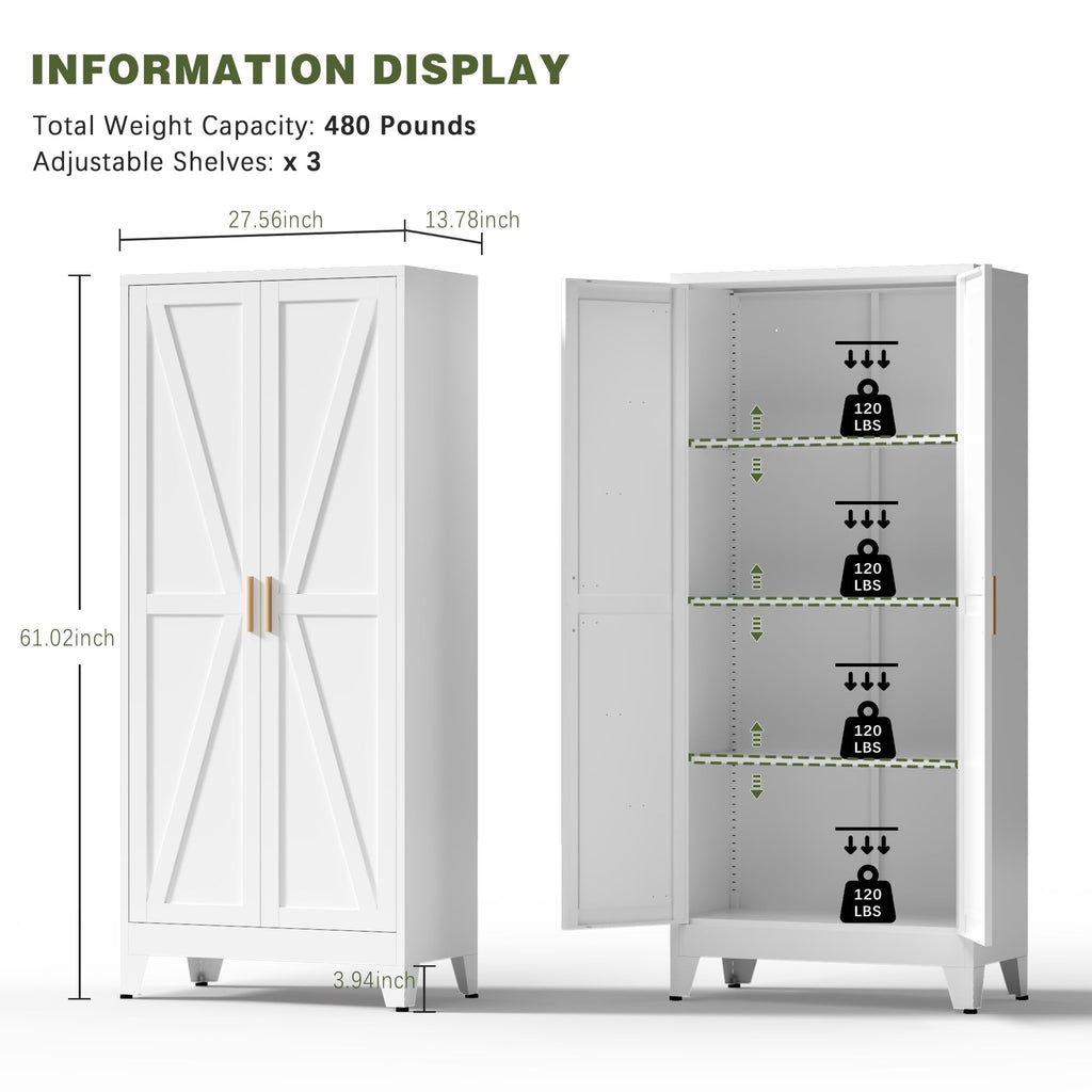 White Farmhouse Storage Kitchen Pantry Cabinet with 2 Barn Door, 3 Adjustable Shelves and Legs, for Cupboard/Dining