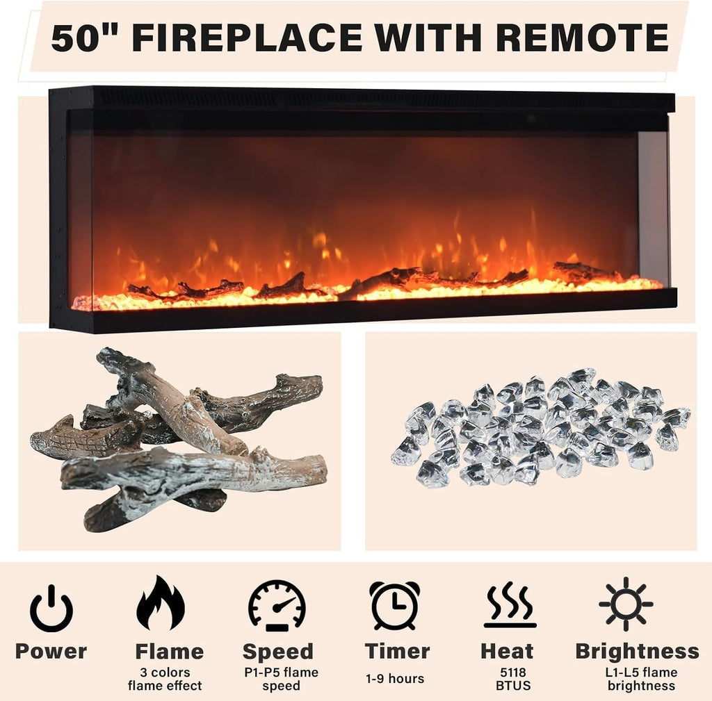 Fireplace TV Stand with 50" Electric Fireplace, Fireplace Entertainment Center with 3-Side Glass Insert, 3 Drawers