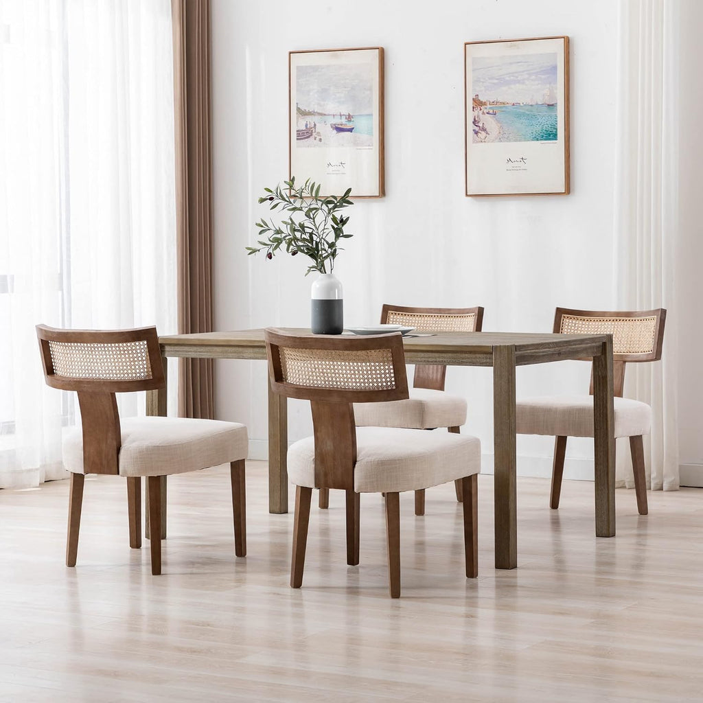 Rattan Dining Chairs Set of 4, Mid Century Modern Dining Chair Upholstered Linen Fabric Kitchen Side Chair, Modern