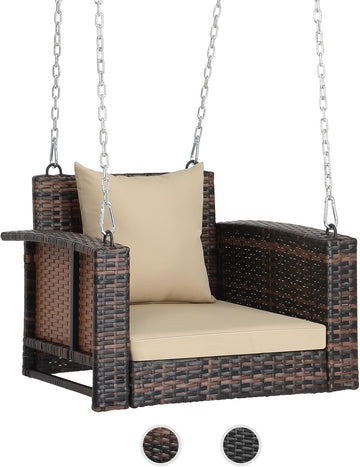 2.2FT Rattan Swing Bench, Outdoor Wicker Hanging Porch Swing (Brown) | 1 Person Patio Bench Swings, Adult Swing for