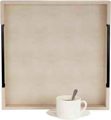 Sagala 16"x16" Ivory Shagreen Leather Serving Tray with Handles for Ottoman Coffee Table, Stylish Decorative Tray