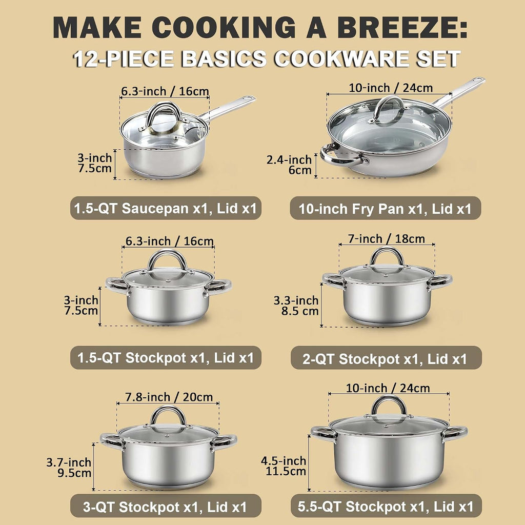 Kitchen Cookware Sets, 12-Piece Basic Stainless Steel Pots and Pans, Silver | Stay-Cool Handle, Induction Compatible
