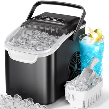 Countertop Ice Maker, 8 Cubes in 6 Mins, 26Lbs/Day Bullet Ice, Portable Ice Maker with 2 Sizes of Cubes