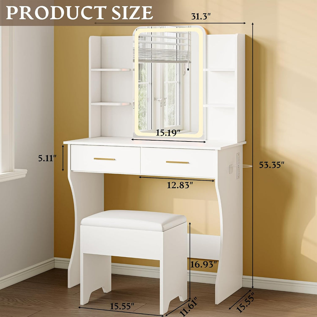 Makeup Vanity Desk with LED Lights and Mirror, Vanity Table Set with Charging Station&Cushioned Stool, 3 Lighting