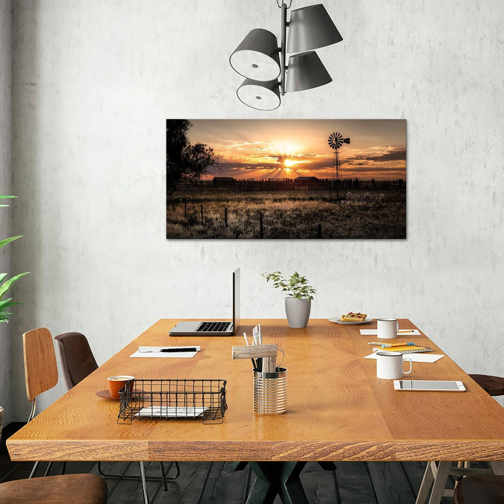 Large Size Wall Art Rural Landscape Pictures Decor Farmhouse Windmill at Sunset Scenery Photograph Painting Canvas