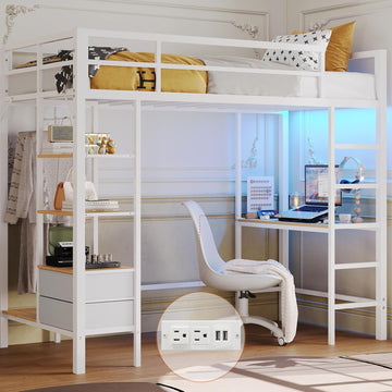 Loft Bed Twin with Desk and Charging Station Metal Loft Bed with Led Lights,Storage Shelves and Drawers Twin Bed with