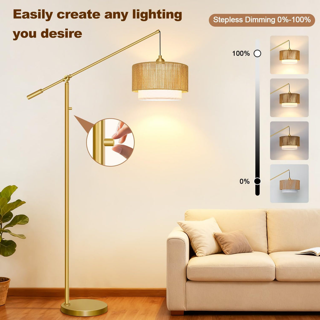 【Upgraded】Arc Floor Lamp, Boho Dimmable Swing Arm Floor Lamp with Rattan & Fabric Shades