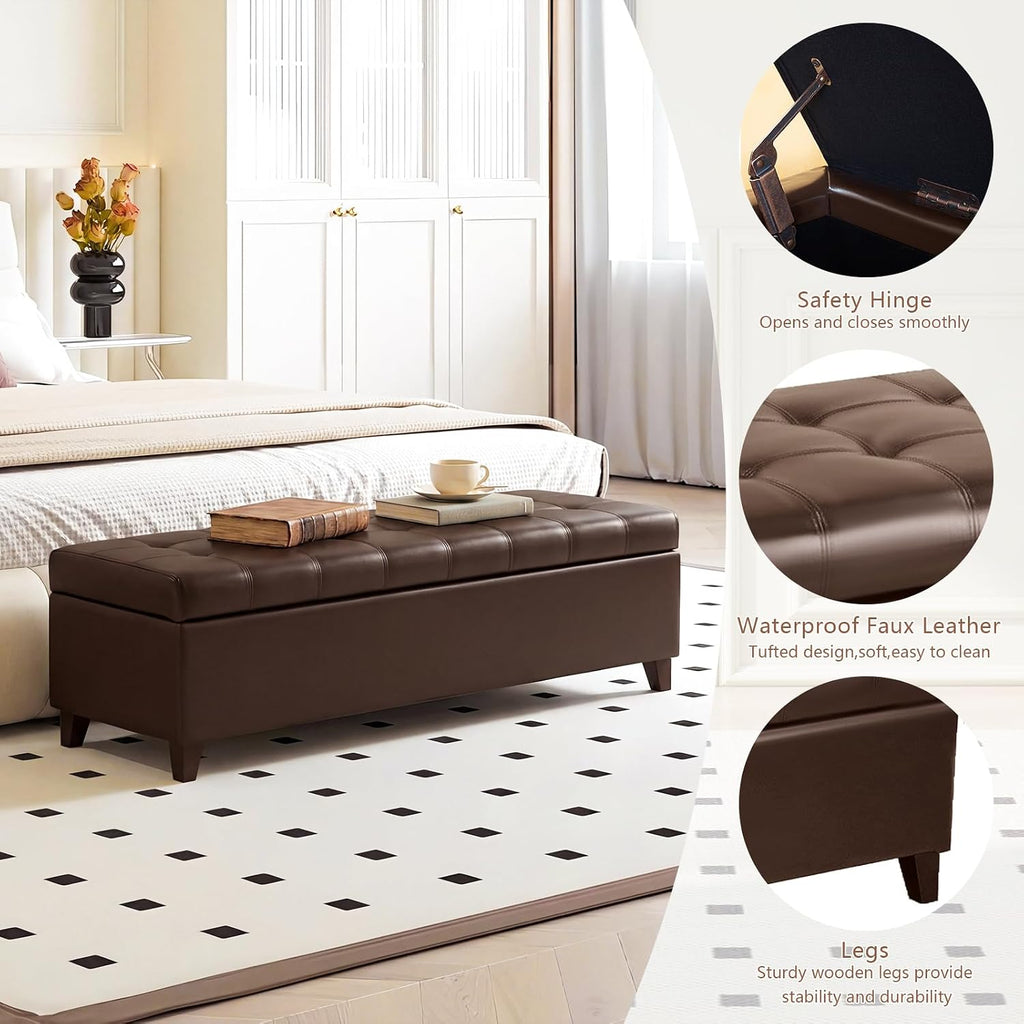 51 Inch Storage Bench,Leather Tufted Storage Ottoman with Legs | Safety Hinges,Wooden Legs,Upholstered,End of