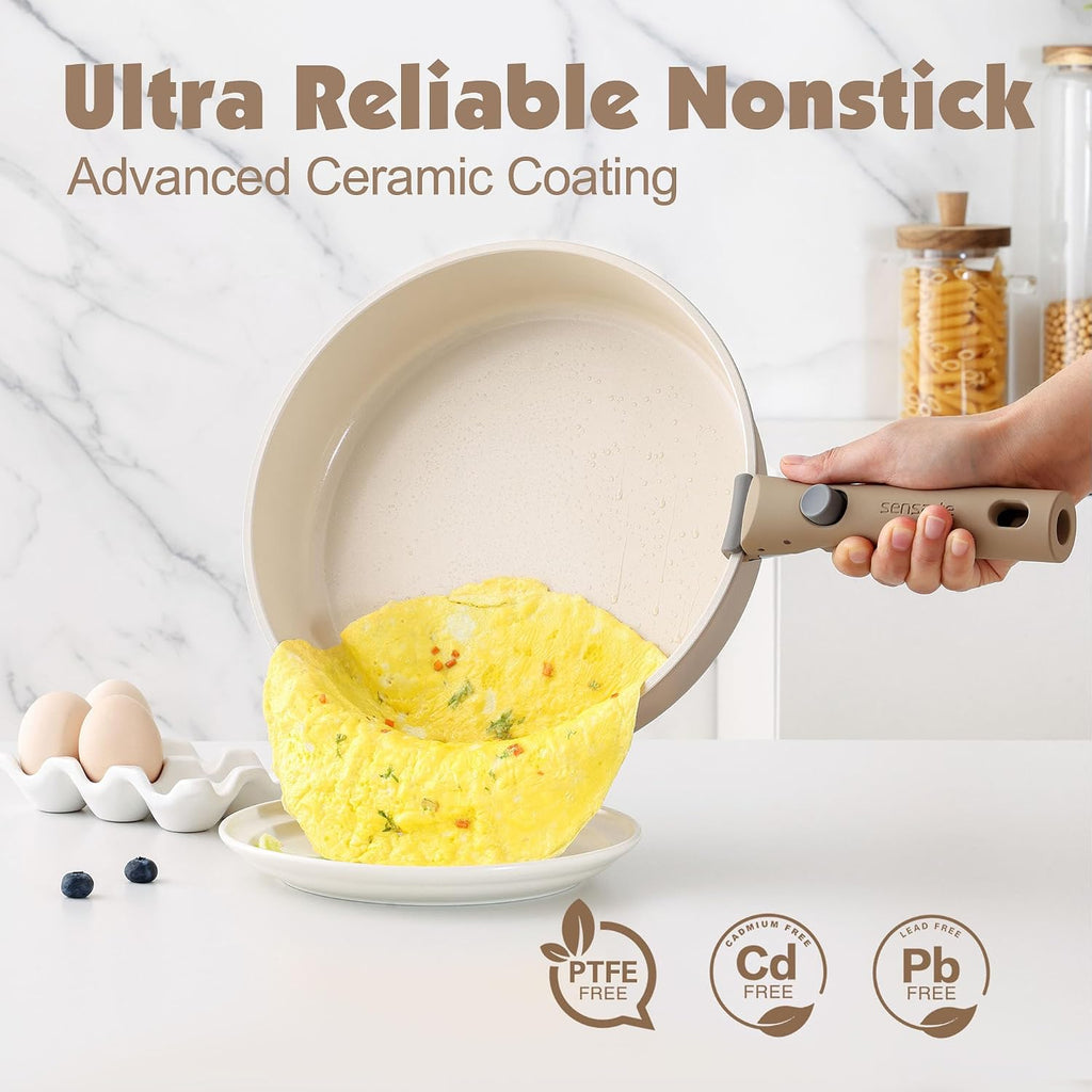 24 Piece Ceramic Detachable Handle Pots and Pans Set Almond Beige | Ceramic Cookware Set, Induction Cookware Set with