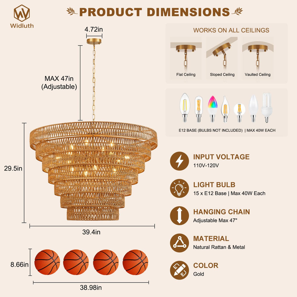 39.4" Large Gold Rattan Chandelier, 15-Light Wicker Drum Boho Light