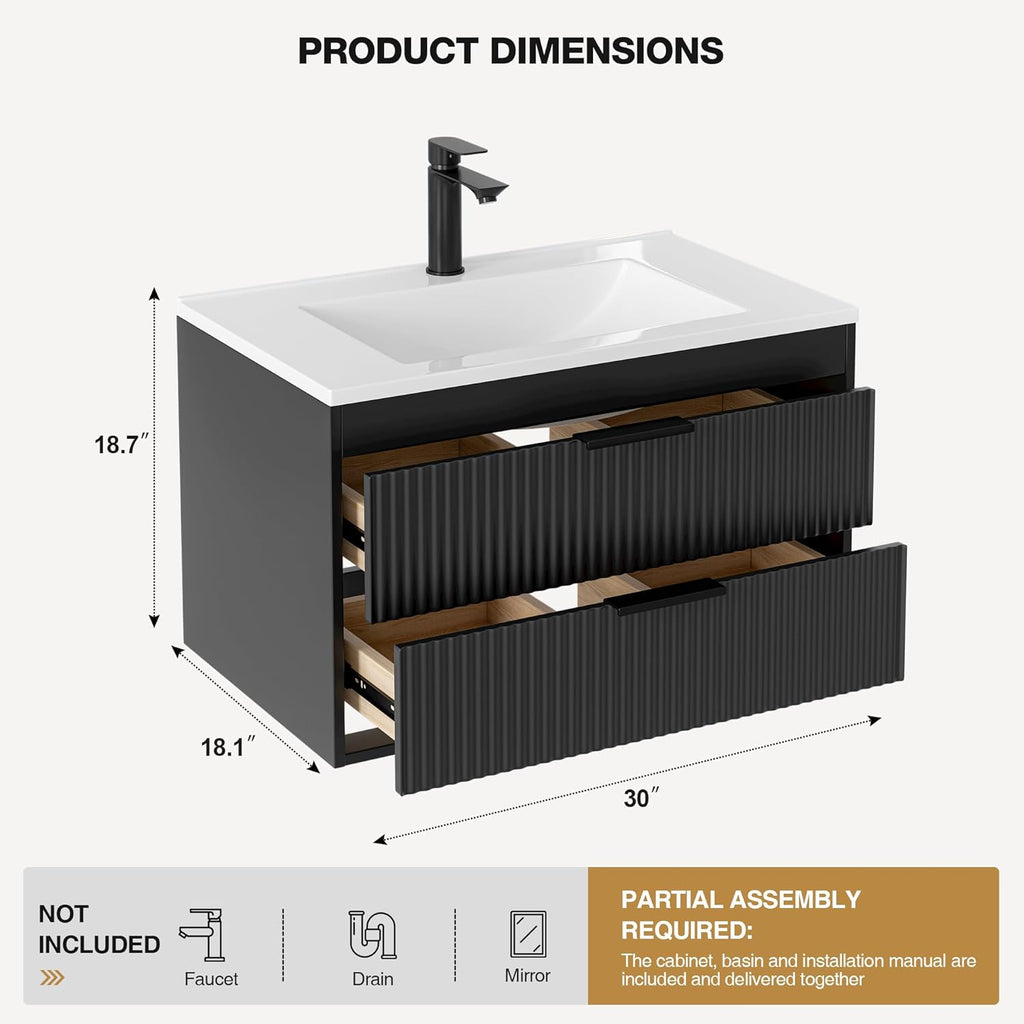 30 Inches Modern MDF Bathroom Vanity with Sink, Wall Mounted Floating Cabinets w/Double Drawers, Black Handles, White Resin Sink Combo Set (Black, 30")