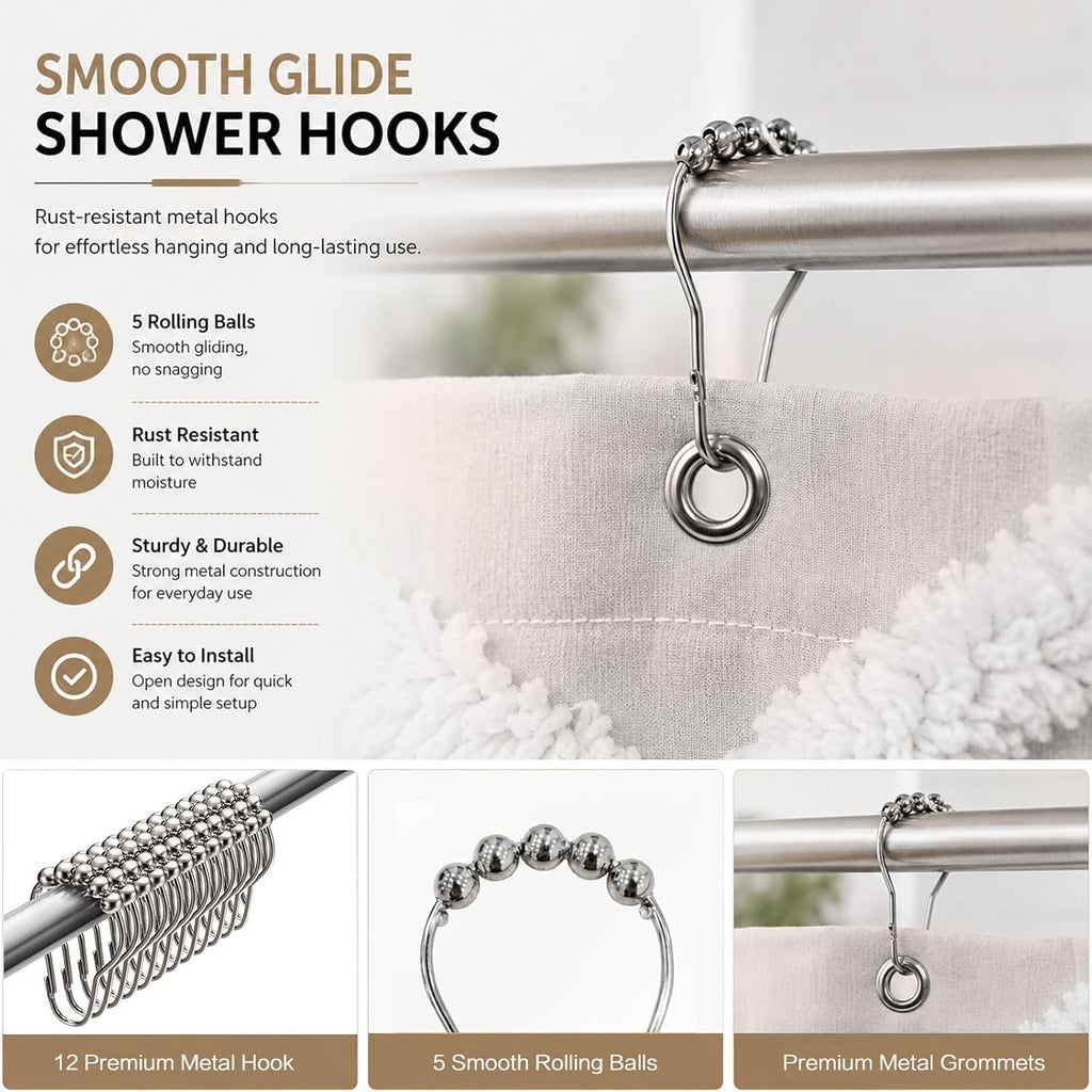 Boho Fabric Shower Curtain Set with 12 Metal Hooks, Modern Minimalist Geometric 3D Striped Textile Pattern Bathroom