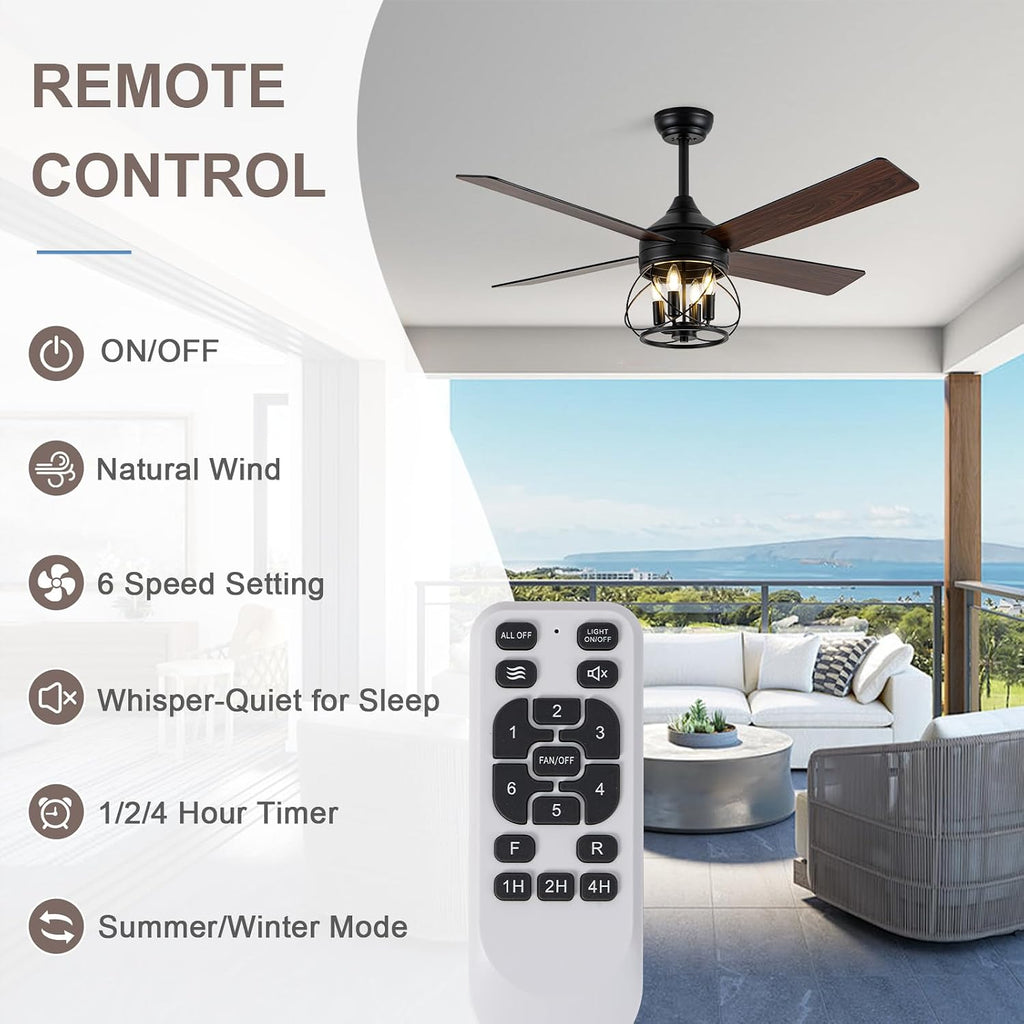 52 Inch Modern Farmhouse Ceiling Fan with Light - Industrial Caged Design