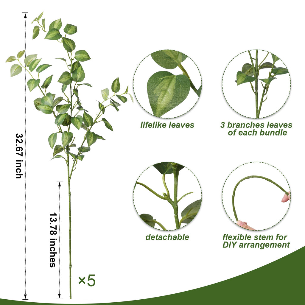 5PCS Artificial Eucalyptus Leaves Stem Plants for Spring Decor, 32.7 inch Fake Leaves Greenery Branches Green Shrubs