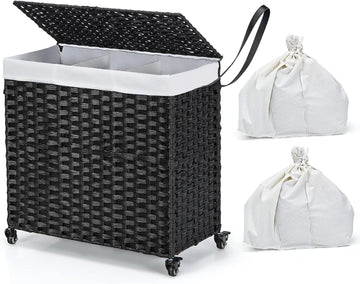 Laundry Hamper with Wheels and Lid, 125L Rattan Clothes Hamper with 2 Removable Liner Bags & Handle, 3-Section