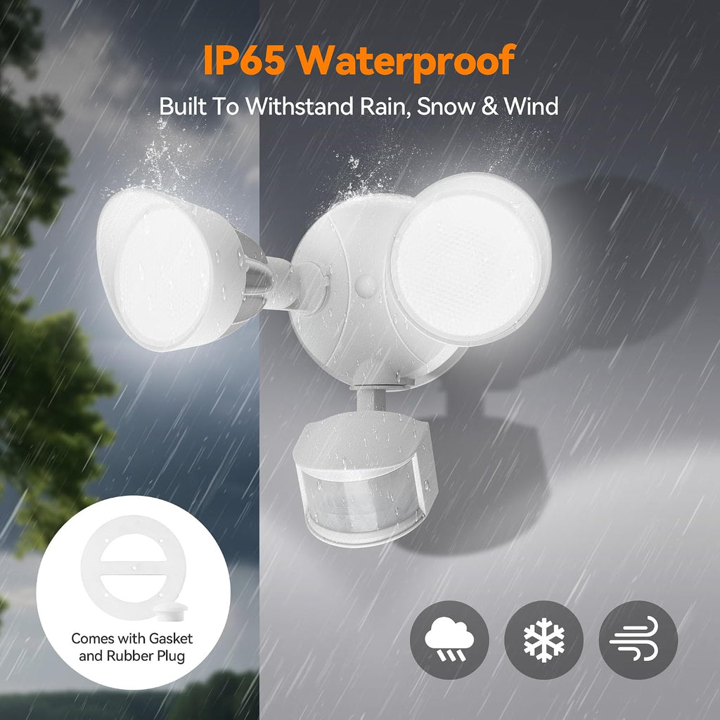 45W 5500LM PIR Motion Sensor Outdoor Lights, Dual Head LED Flood Light, 5000K Daylight, IP65 Waterproof Hardwired