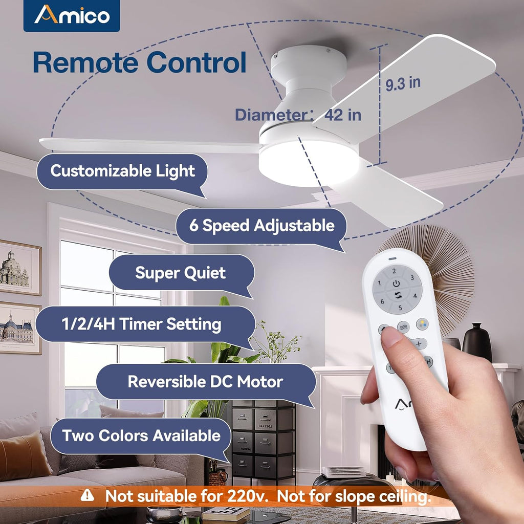 Ceiling Fans with Lights, 42 inch Low Profile Ceiling Fan with Light and Remote Control, Flush Mount, Reversible, 3CCT, Dimmable, Noiseless, White Ceiling Fan for Bedroom, Indoor/Outdoor Use