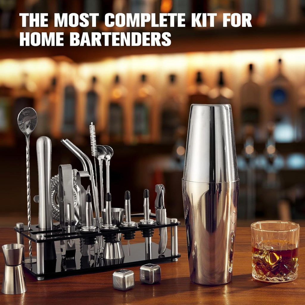 Cocktail Shaker Set Bartender Kit, Stainless Steel Boston Bar Tools Drink Mixer Set with Stand & Recipe Booklet