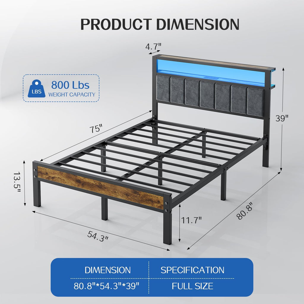 Full Platform Bed Frame with LED Lights, Charging Station, Grey Upholstered Headboard with 2-Tier Storage Shelves