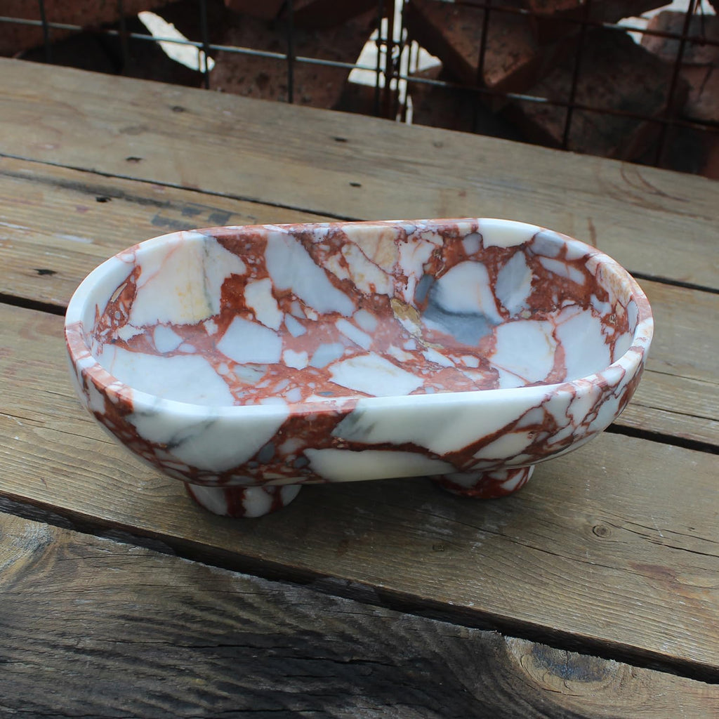 Natural Oval Calacatta Red Marble Fruit Bowl Counter 10", Large Decorative Bowl Two-Legs Decor, Fruits Holder For