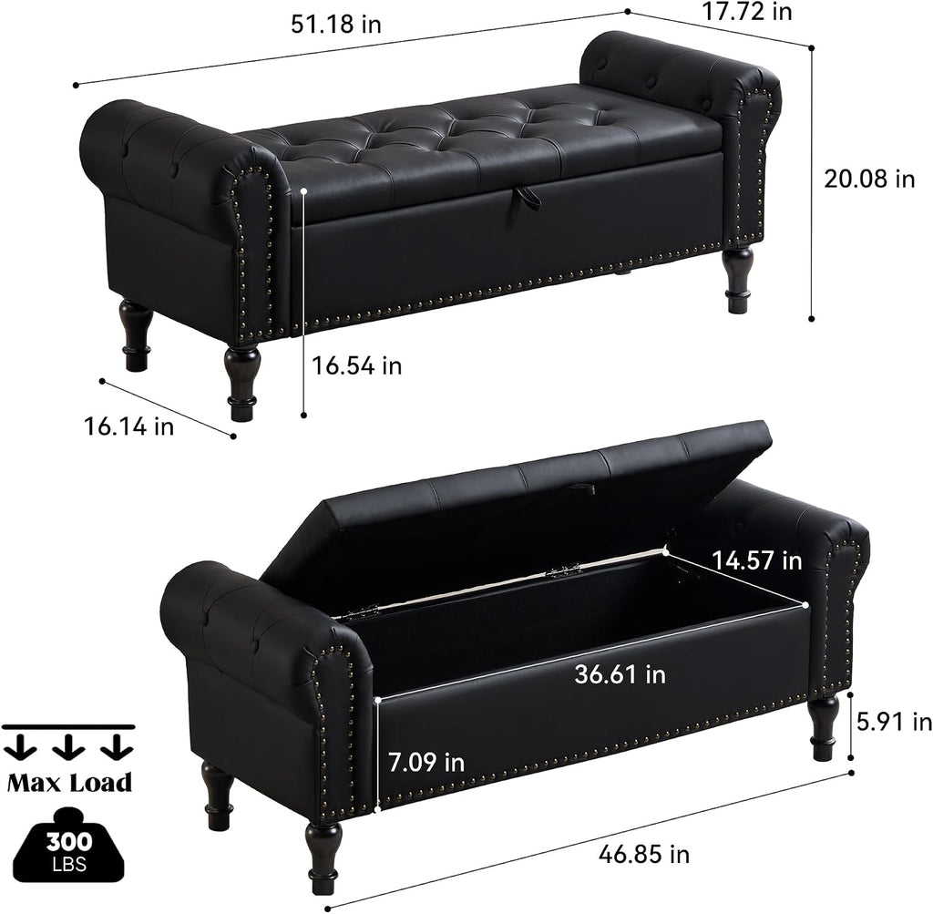 Storage Bench , 51" Upholstered End of Bed Bench, Faux Leather Queen Size Benches with Rolled Arms, Tufted Button