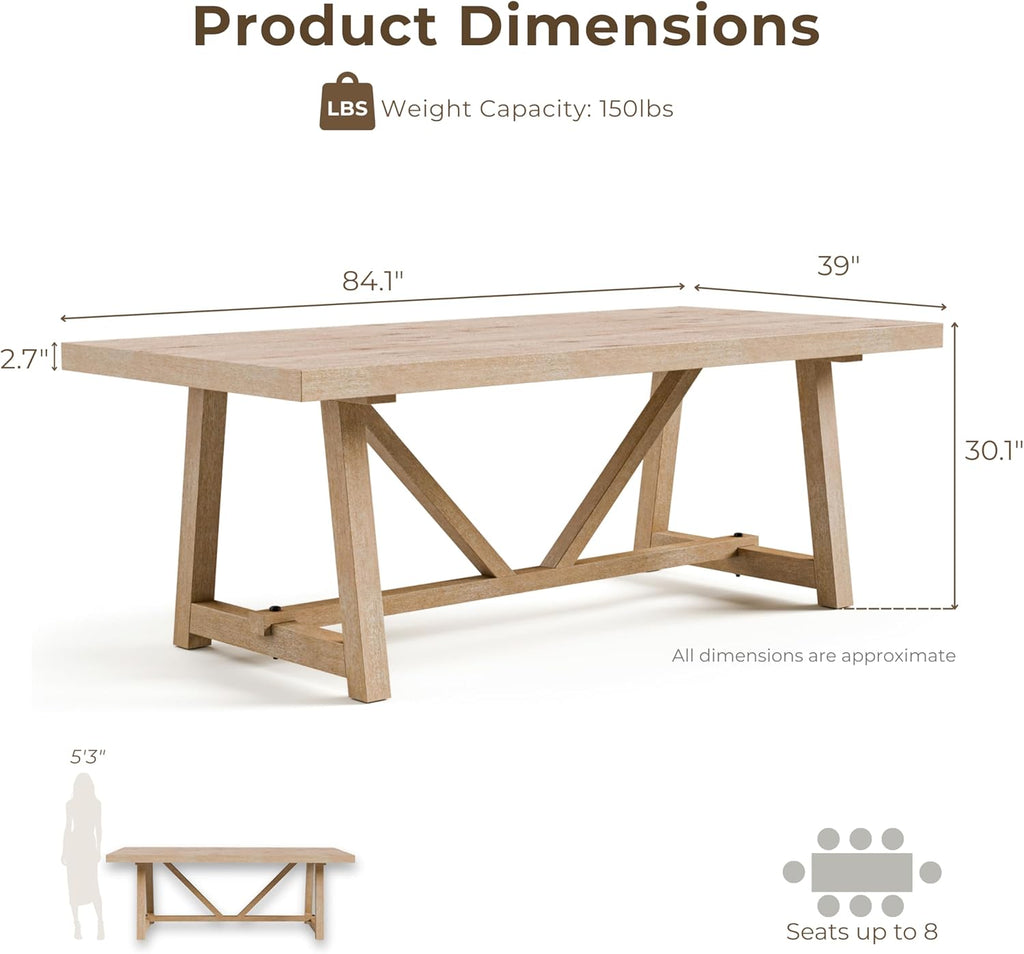 Wellen Farmhouse 84-Inch Rectangle Solid Wood Dining Table with Plank and Beam Base, Trestle Design, Seats Up to 8
