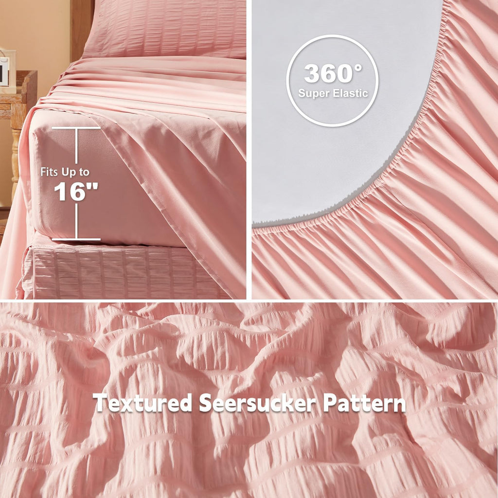 Comforter Sets 7 Pieces, Pink Seersucker Bed in a Bag Set, All Season Luxury Bedding Sets with Comforter