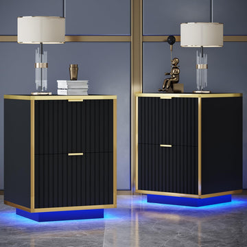 Black and Gold Nightstand Set of 2 with LED Lights