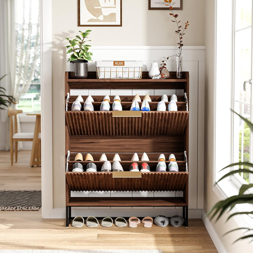 Fluted Shoe Cabinet Storage ,Hidden Shoes Storage Cabinet with 2 Flip Drawers, Mid Century Modern Shoe Rack