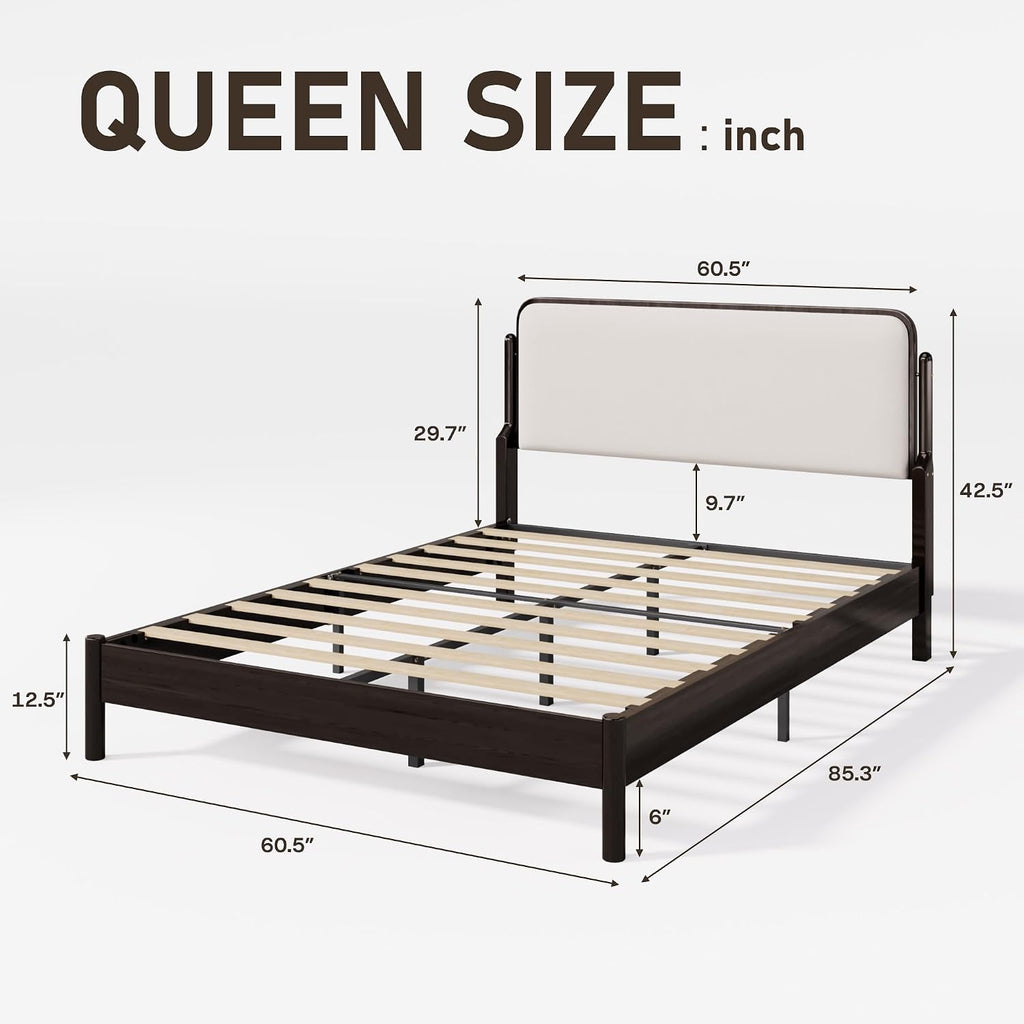 Queen Bed Frame with Upholstered Headboard, Solid Wood Bed Frame Queen with Ergonomic Design Headboard, Wood Slats