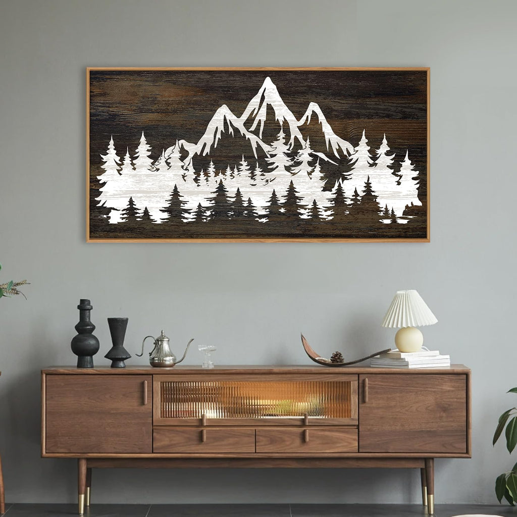 Large Mountain Tree Framed Canvas Wall Art, Modern White Forest Art Prints, Abstract Country Woodcut Wood Wall