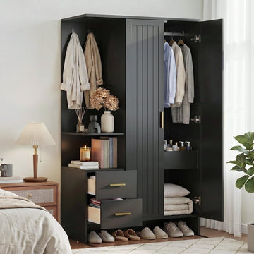 Modern Wardrobe Closet with 2 Doors & 2 Drawers, 67.8" Tall Armoire Wardrobe with Open Shelves, Freestanding Wardrobe